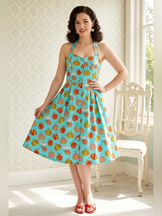 Modcloth Dresses & Skirts - ModCloth Ladybug Print Halter Dress Size Small Retro Novelty A-Line Cottagecore